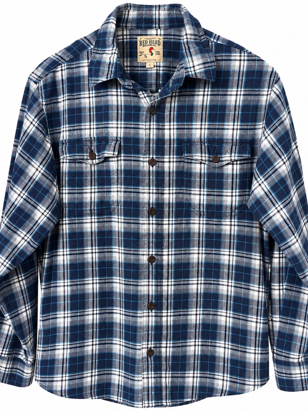 RedHead Brand Co Mens Large Blue White Plaid Flannel Shirt 100% Cotton